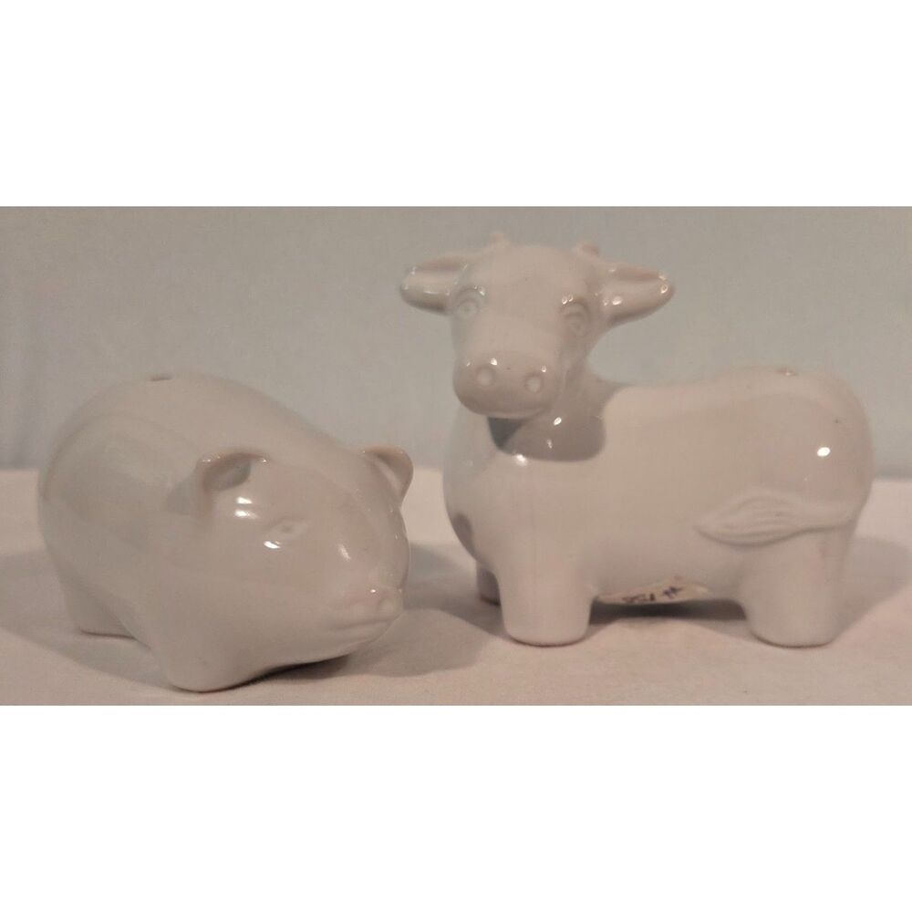 Vintage White Ceramic Cow & Pig Salt and Pepper Shakers Set